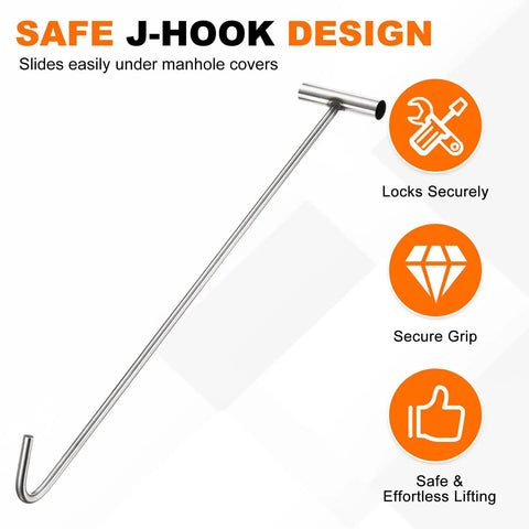 Heavy Duty 23.6 Inch Manhole Hook Workhorse Made From 304 Stainless Steel T Shaped Lid Lifter With Blunt Tip For Lifting And Pulling Storm Drain Covers A Pro Grade Tool For Maintenance And Service Crews displayed against safety and grip icons.