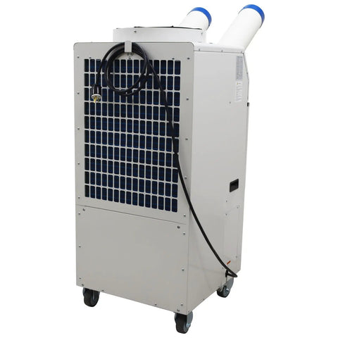 Heavy Duty Commercial Portable Air Conditioner With Massive 14L Tank Delivers Non Stop Cooling For Shops Hospitals And Outdoor Events, rear view showing dual exhaust hoses.