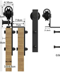 Solid 4 Ft Black Sliding Door Hardware Kit featuring measurements, J Shape Rail, and heavy duty nylon rollers for easy installation.
