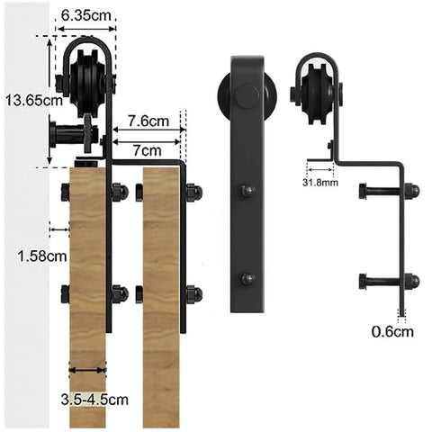 Solid 4 Ft Black Sliding Door Hardware Kit featuring measurements, J Shape Rail, and heavy duty nylon rollers for easy installation.