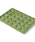 Top Shelf Velvet Jewelry Tray With 24 Individual Sections For Pendants Folded Chains And Stud Earrings Soft Touch Holder, green velvet storage with divided compartments.