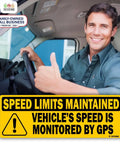 Two Pack Reflective Vehicle Speed Monitored by GPS Safety Stickers on windshield with thumbs-up driver