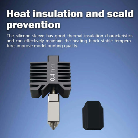 Leak Proof 0.4mm Ceramic Hotend Printhead Kit with silicone sleeve for heat insulation and scald prevention shown on blue background.