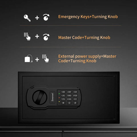 Must Have Fire Resistant Safe Box With Fireproof Waterproof Bag Sensor Light And Emergency External Power 0.55 Cubic Feet Digital Security Safe showing keypad detail and unlocking methods