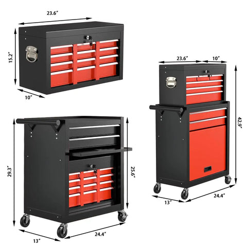 Beefy 8 Drawer Rolling Tool Chest With Lockable Cabinets And Wheels Heavy Duty Removable Toolbox Storage On Casters, black and red, dimensions shown