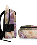 Side and top view of Soft Vintage Peony Bloom Printed Unisex Backpack With Large Capacity For Everyday Go To Daily Driver