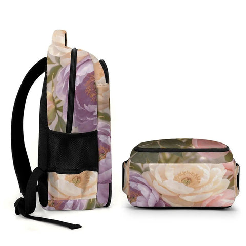 Side and top view of Soft Vintage Peony Bloom Printed Unisex Backpack With Large Capacity For Everyday Go To Daily Driver