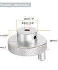 50mm OD Lathe Hand Wheel With Rotate Handle For Milling Machine Aluminum Alloy Build 5mm Bore 27mm Height Includes Wrench And 2 Screws Silver Tone Durable Yet Lightweight Smooth Operation with dimensions displayed