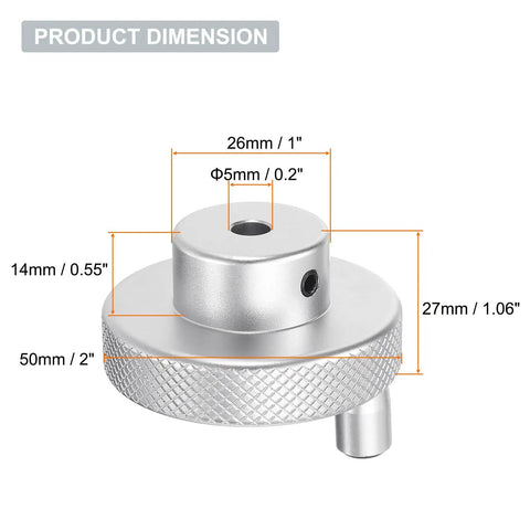 50mm OD Lathe Hand Wheel With Rotate Handle For Milling Machine Aluminum Alloy Build 5mm Bore 27mm Height Includes Wrench And 2 Screws Silver Tone Durable Yet Lightweight Smooth Operation with dimensions displayed