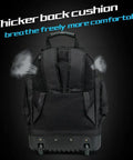 Back view of Heavy Duty Wheeled Tool Backpack With Rollable Handle Pro Grade Electrician Organizer 9-Compartment