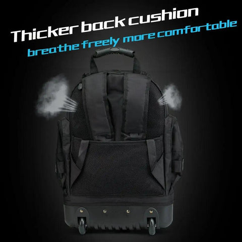 Back view of Heavy Duty Wheeled Tool Backpack With Rollable Handle Pro Grade Electrician Organizer 9-Compartment