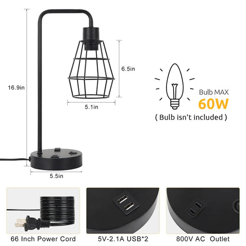 Two Pack Industrial Table Lamps With Dual USB Ports And AC Outlet, black metal cage with USB and outlet details
