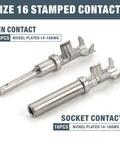 Size 16 stamped contacts from 2 Pin Deutsch DT Gray Connector Kit for auto wiring, nickel plated pin and socket contacts.