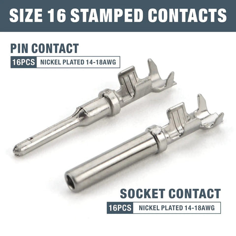 Size 16 stamped contacts from 2 Pin Deutsch DT Gray Connector Kit for auto wiring, nickel plated pin and socket contacts.