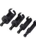 Top Shelf 4 Piece Wood Plug Cutter Drill Bit Set With Quarter Inch Hex Shank For Quarter Half Three Eighth Five Eighths Inch Plugs, black steel cutters.