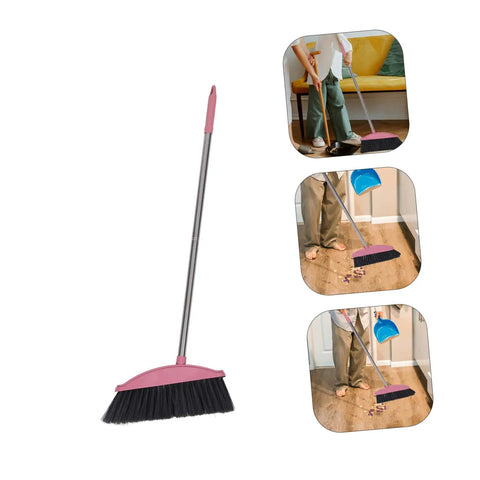 Heavy Duty Pink Broom With Extended Handle Sweeps Indoors And Outdoors Straight Up Tough On Grime Durable Steel Bristles for easy cleaning.