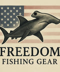 Freedom Fishing Gear logo featuring a hammerhead shark and American flag backdrop.