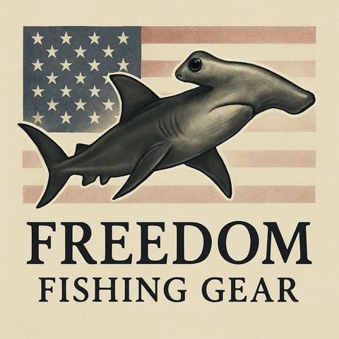 Freedom Fishing Gear logo featuring a hammerhead shark and American flag backdrop.