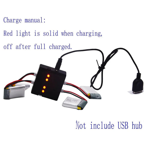4 Pack 3.7V 250mAh LiPo Battery Set With MX2.0 Plug And 4 Port USB Charge Board shown with charging lights on