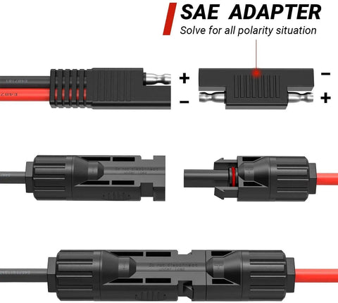 Close-up of Solar Panel To SAE Adapter With MC4 Connector Extension Cable 10AWG showing polarity reversal adapters in use