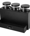 Wood Coffee Bar Organizer Countertop Dispenser Rack with 3 Clear Jars and Pullout Drawer for coffee, sugar, and tea storage.