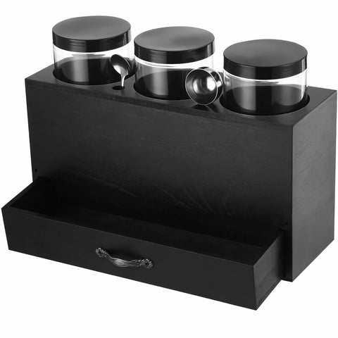 Wood Coffee Bar Organizer Countertop Dispenser Rack with 3 Clear Jars and Pullout Drawer for coffee, sugar, and tea storage.