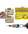 20Pcs Quick Change Drill Bit Set With Swivel Head Driver And Flip Drive, HSS Bits in a yellow box with close-up on drill use