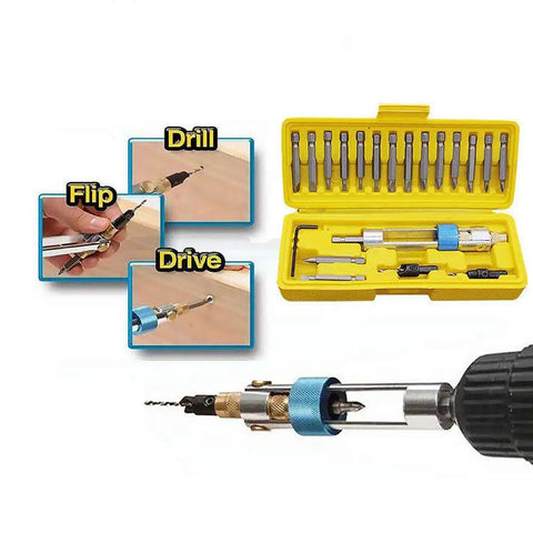 20Pcs Quick Change Drill Bit Set With Swivel Head Driver And Flip Drive, HSS Bits in a yellow box with close-up on drill use