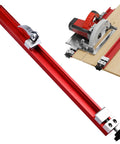 Adjustable Circular Saw Guide Rail For 11.8 Inch Saw Base Wide Compatibility Rip Guide shown with attached saw cutting wood.