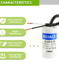 Image of a 16uF 250V AC CBB60 motor run capacitor with two wires, highlighting its good electrical performance and strong heat resistance.