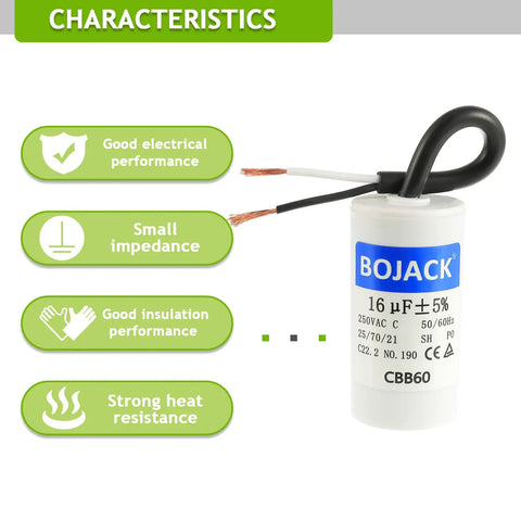 Image of a 16uF 250V AC CBB60 motor run capacitor with two wires, highlighting its good electrical performance and strong heat resistance.