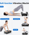 Whole Body Vibration Plate Exercise Machine For Home Gym multifunction poses demo; features Bluetooth, silicone pedals, manual auto modes.