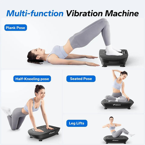 Whole Body Vibration Plate Exercise Machine For Home Gym multifunction poses demo; features Bluetooth, silicone pedals, manual auto modes.