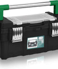 Beefy High Capacity Plastic Tool Box With Lift Out Organizer Tray Durable Storage Case For Tools with metal latches and green handle