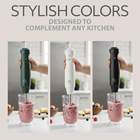 Heavy Lifter 5 Speed Immersion Blender With 500 Watt Turbo Boost And Whisper Quiet Action For Creamy Soups And Smoothies Featuring No Fuss Detachable Stainless Steel Shaft In Eco Conscious Green Finish That Runs Smooth And Reliable, shown in green, white, and black, blending smoothies in cups.