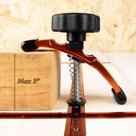 Side view of Positionable T-Track Hold Down Clamp Kit for CNC routers holding a 3-inch thick block, 6063-T5 aluminum, easy-grip knob