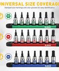 Pro Grade 21-Piece Hex And Torx Socket Set With Magnetic Rail Organizer, showing Torx, metric, and SAE sockets on rails.