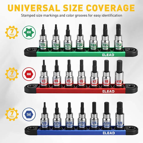 Pro Grade 21-Piece Hex And Torx Socket Set With Magnetic Rail Organizer, showing Torx, metric, and SAE sockets on rails.