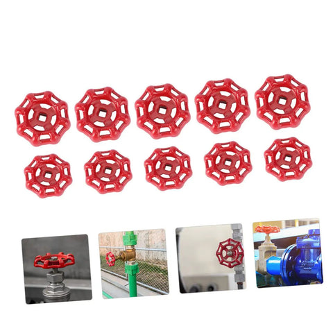10 Pack Cast Iron Shutoff Hand Wheel Handles For Water Lines No Sweat Easy Open Close Operation Red Color Rugged Durable Sealing For Fluid Control Valve Wheel Assemblies, shown on and off valves.