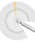 Guslcez stainless steel 32-blade feeler gauge with dual metric/imperial scales for valve gaps (front view)