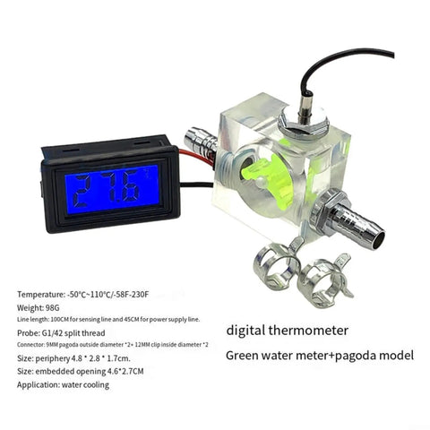 Three-Way Water Cooling Flow Meter With Blue LED Thermometer For Real-Time Liquid Cooling Systems, Ultra-Precise Flow Readout And Temperature Monitoring For PC Builds, DIY Water-Cooling Loops, And High-Performance Enthusiast Rigs, 10mm hose