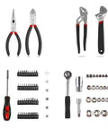 95 Piece Diy Tool Set With Portable Plastic Toolbox And Adjustable Wrench Pliers Socket Bits For Home Garage And Apartment Repairs Everyday Fixes Grab And Go, featuring pliers, wrenches, screwdriver bits.