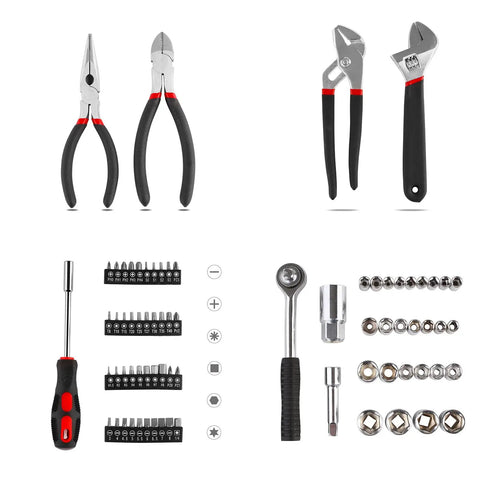 95 Piece Diy Tool Set With Portable Plastic Toolbox And Adjustable Wrench Pliers Socket Bits For Home Garage And Apartment Repairs Everyday Fixes Grab And Go, featuring pliers, wrenches, screwdriver bits.