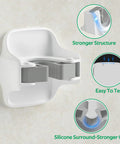 Front view of white wall-mounted broom and mop holder with two gray handle slots