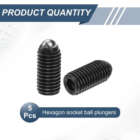 5 Pack M12 x 25mm Screw Thread Ball Plungers With Hex Socket, Pro Grade, Heavy Duty High Carbon Steel Spring Ball Plungers For Lubrication And Pneumatic Tools, Black Finish, 6mm Ball, 30-80N Load, 5 pcs shown