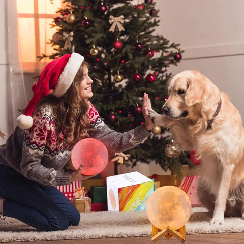 Woman with dog by Christmas tree holding Moon Glow 5.9 Inch Moon Lamp With 16 Colors Dimmable And Rechargeable Lunar Night Light.