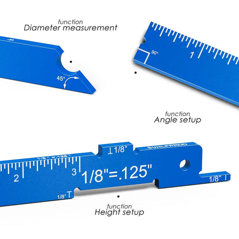 Upgrade 7 Piece Aluminum Router Table Setup Bar Kit shows diameter, angle, and height measurement gauges for woodworking.