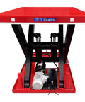 Heavy Duty Electric Hydraulic Scissor Lift Table With Beefy Steel Build And Massive 13200 Lb Capacity For The Garage Or Warehouse Easy Foot Pedal Lift, front view.