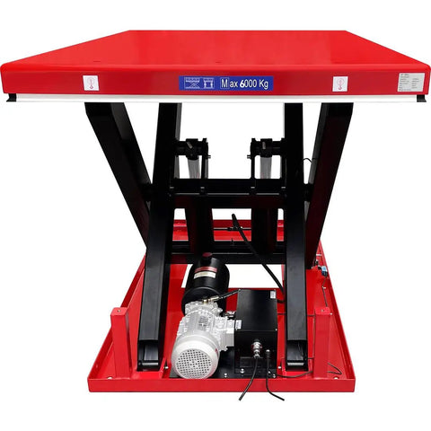 Heavy Duty Electric Hydraulic Scissor Lift Table With Beefy Steel Build And Massive 13200 Lb Capacity For The Garage Or Warehouse Easy Foot Pedal Lift, front view.