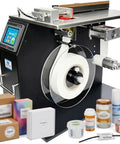 High Precision Semi Automatic Right Angle Corner Labeling Machine With Light Sensor Recognition For Stickers And Bottles, showcasing durable metal construction and various labeled products.